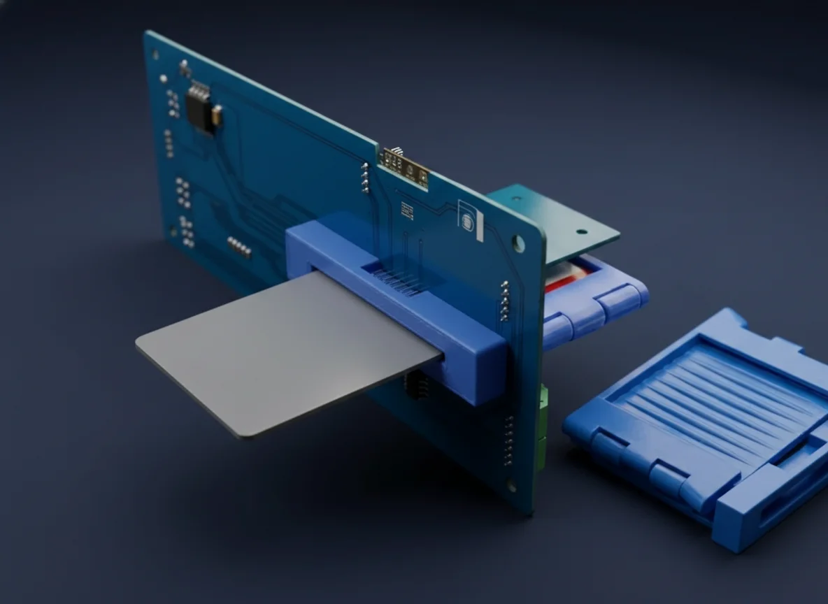 Ensamble industrial: PCB integrada en housing impreso en 3D con slot para tarjeta, diseño funcional.