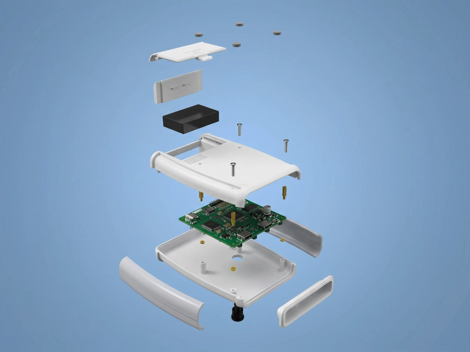 Vista explosionada de enclosure de producto: carcasa, PCB, tornillos y tapas separados sobre fondo azul.